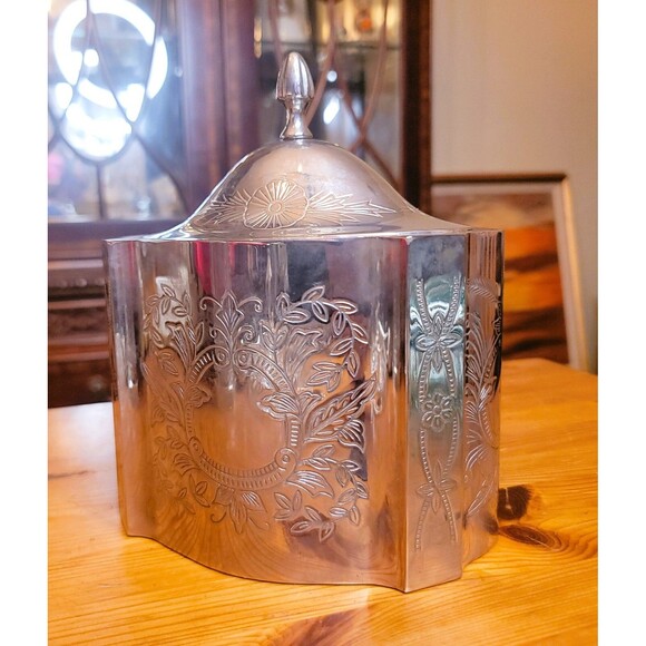 Vintage Silver Plate Trinket Jewelry Box w Lid Red Velvet Inside Engraved Design - Picture 2 of 16